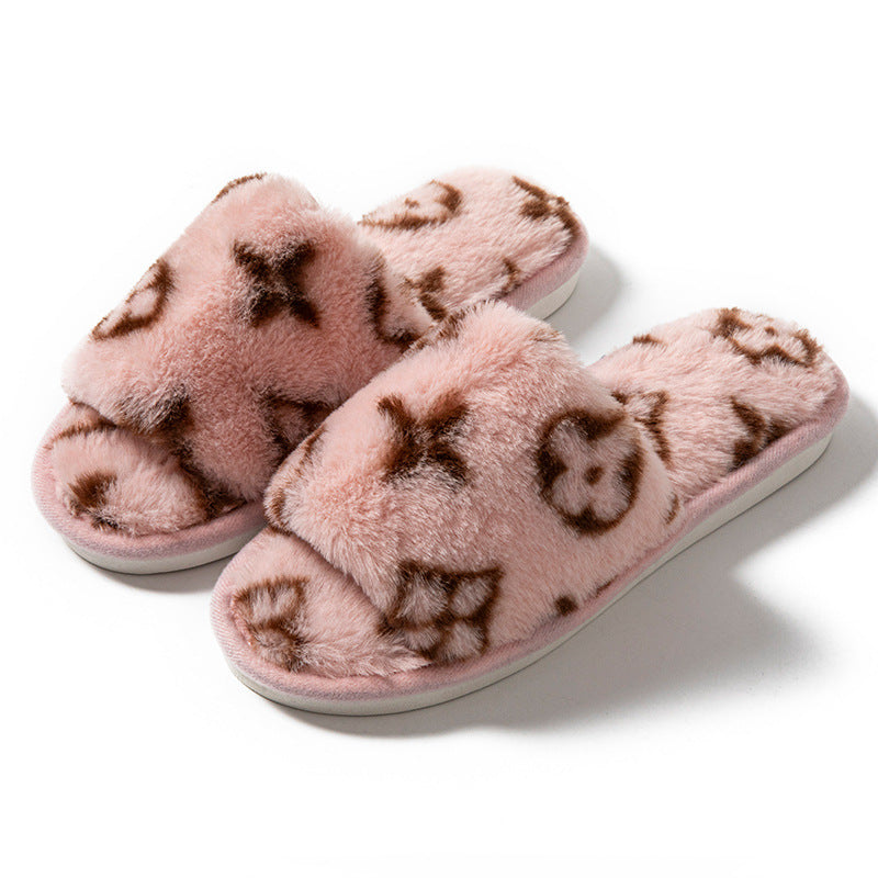 Mao Mao Open-mouth Cross-border Foreign Trade Open-toe Women's Slippers Autumn and Winter Four Seasons Open-mouth Slippers Imitation Rabbit Fur